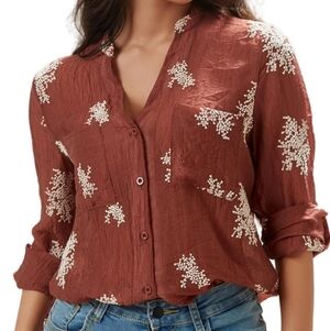 Women's Rust Brown Floral Button-Front Blouse